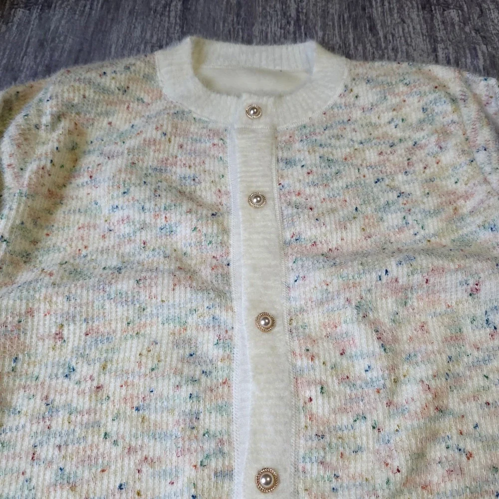 Cream Speckled Knit‎ Button Up Cardigan Pearl Buttons Cozy Academia
